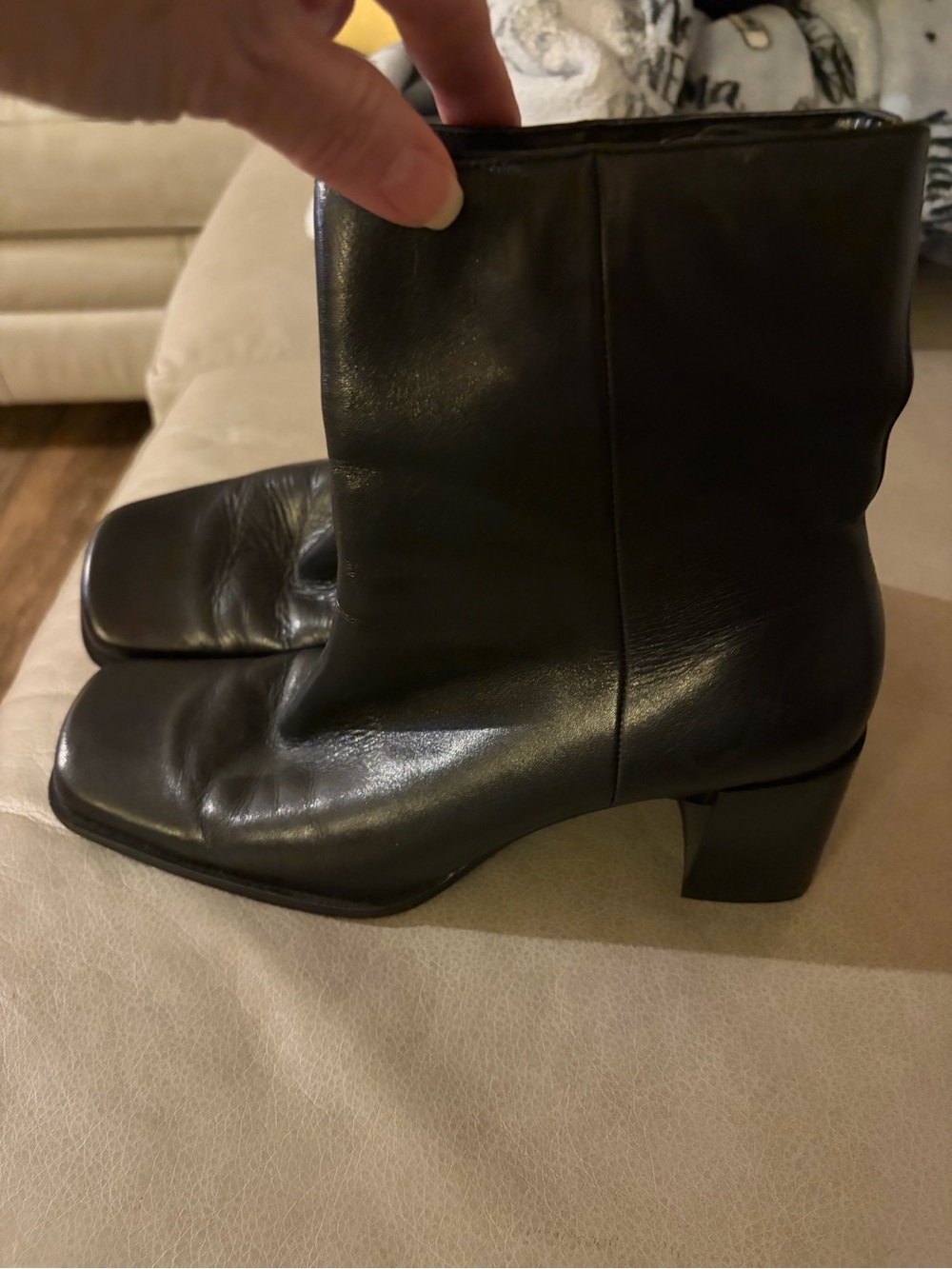 Nine West Black Leather Square-Toe Ankle Boots with Block Heel